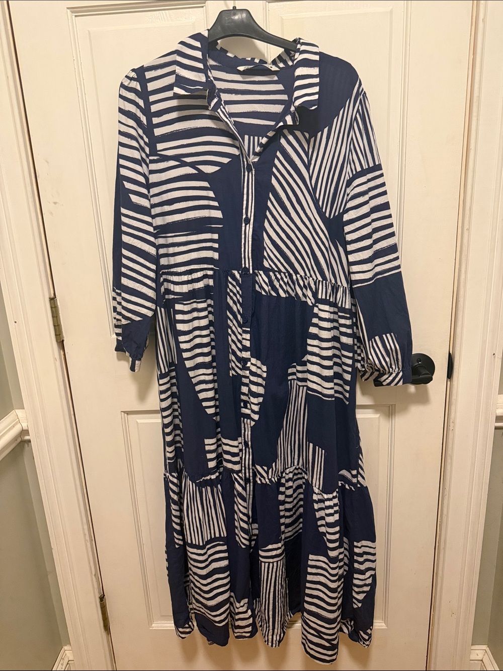 Zara Navy and White Striped Button-Front Tiered Maxi Dress